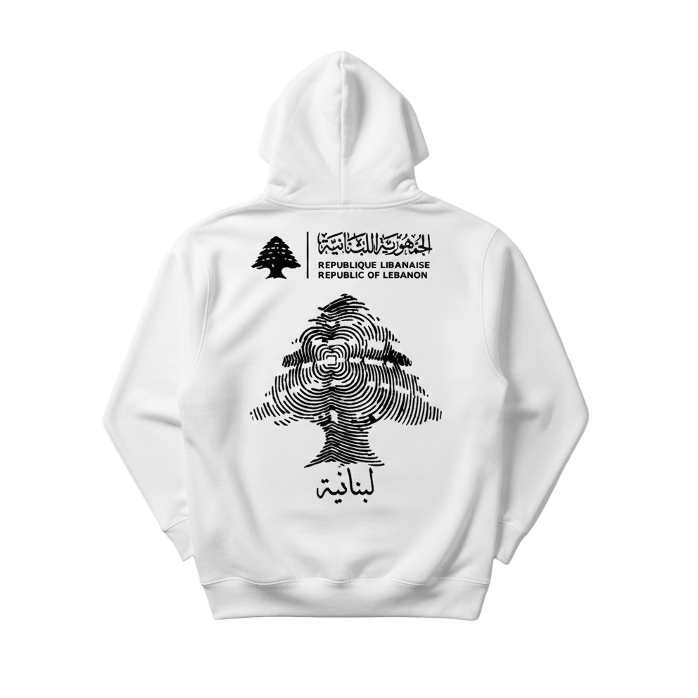 white hoodie on white background with the a huge lebanese cedar and lebanese identity