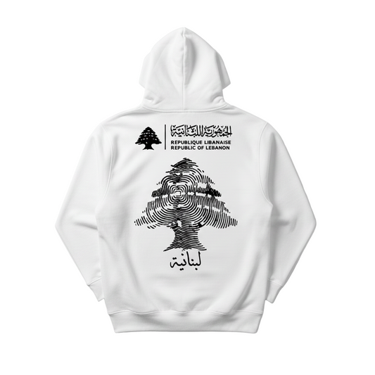 white hoodie on white background with the a huge lebanese cedar and lebanese identity