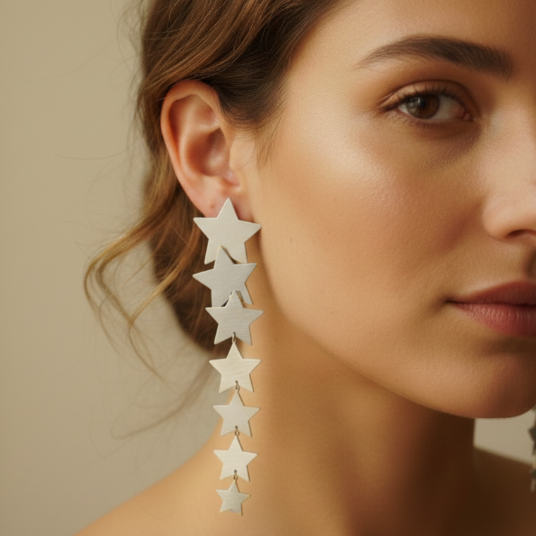 Close-up of a woman wearing star-shaped earrings with a neutral background