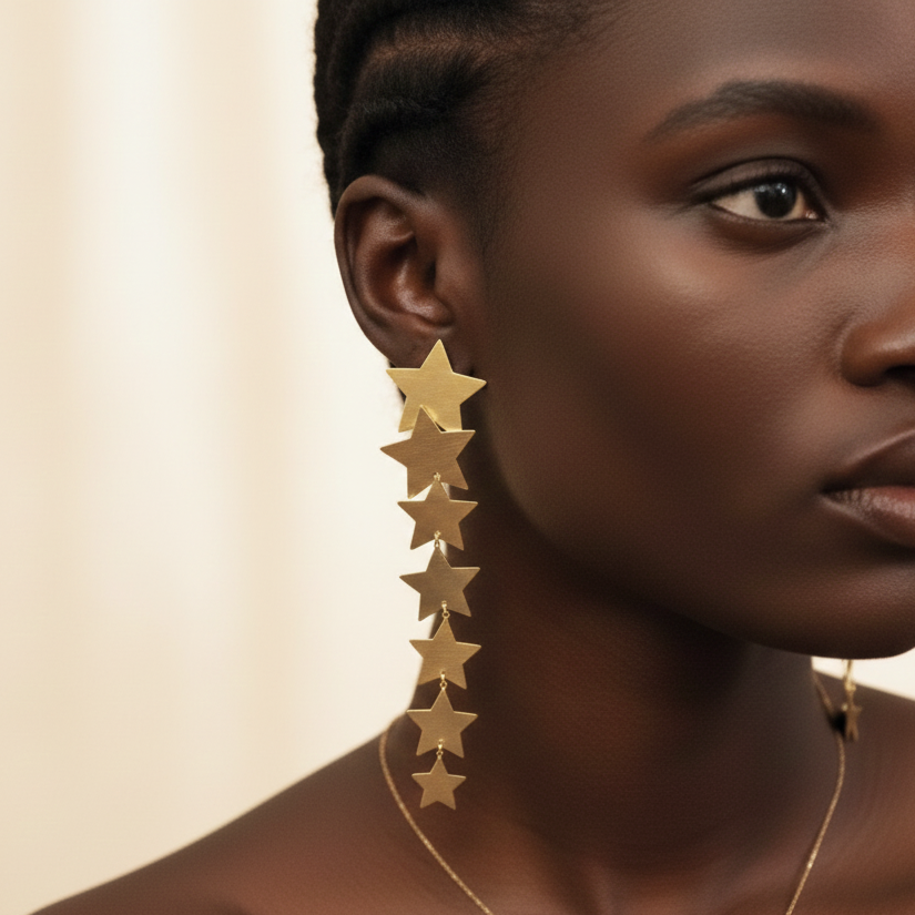 Woman wearing gold star earrings against a beige background