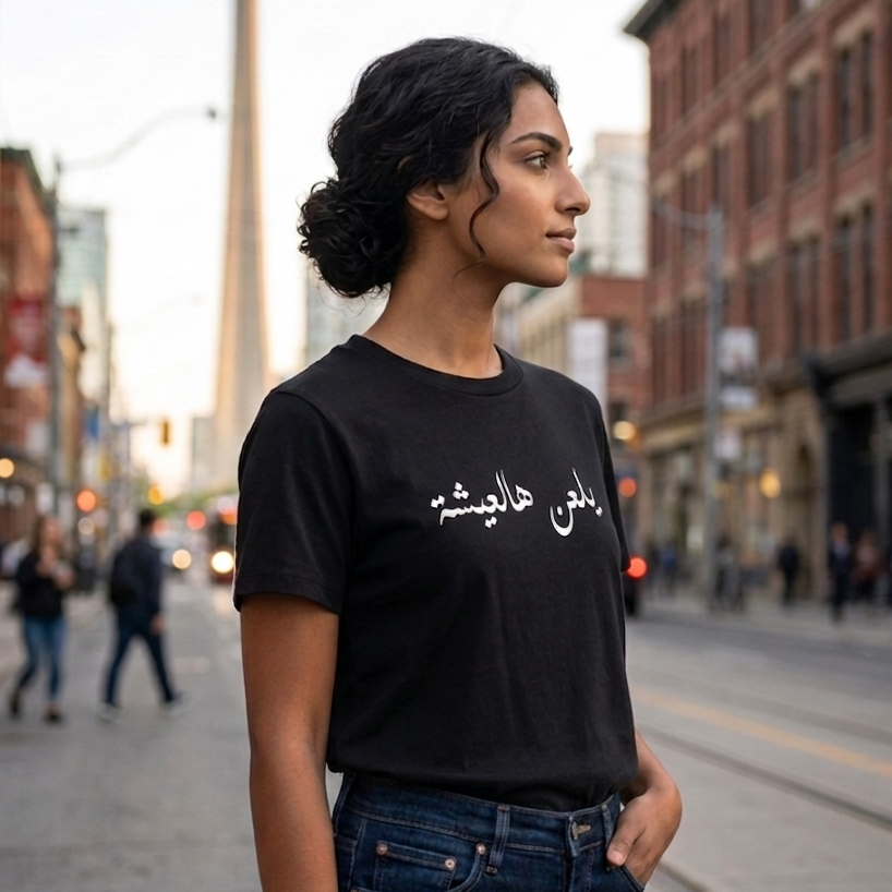 Woman wearing a black t-shirt with Arabic text on a city street