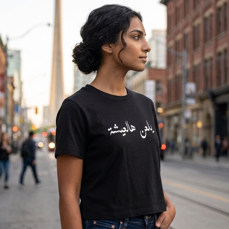Woman wearing a black t-shirt with text on a city street